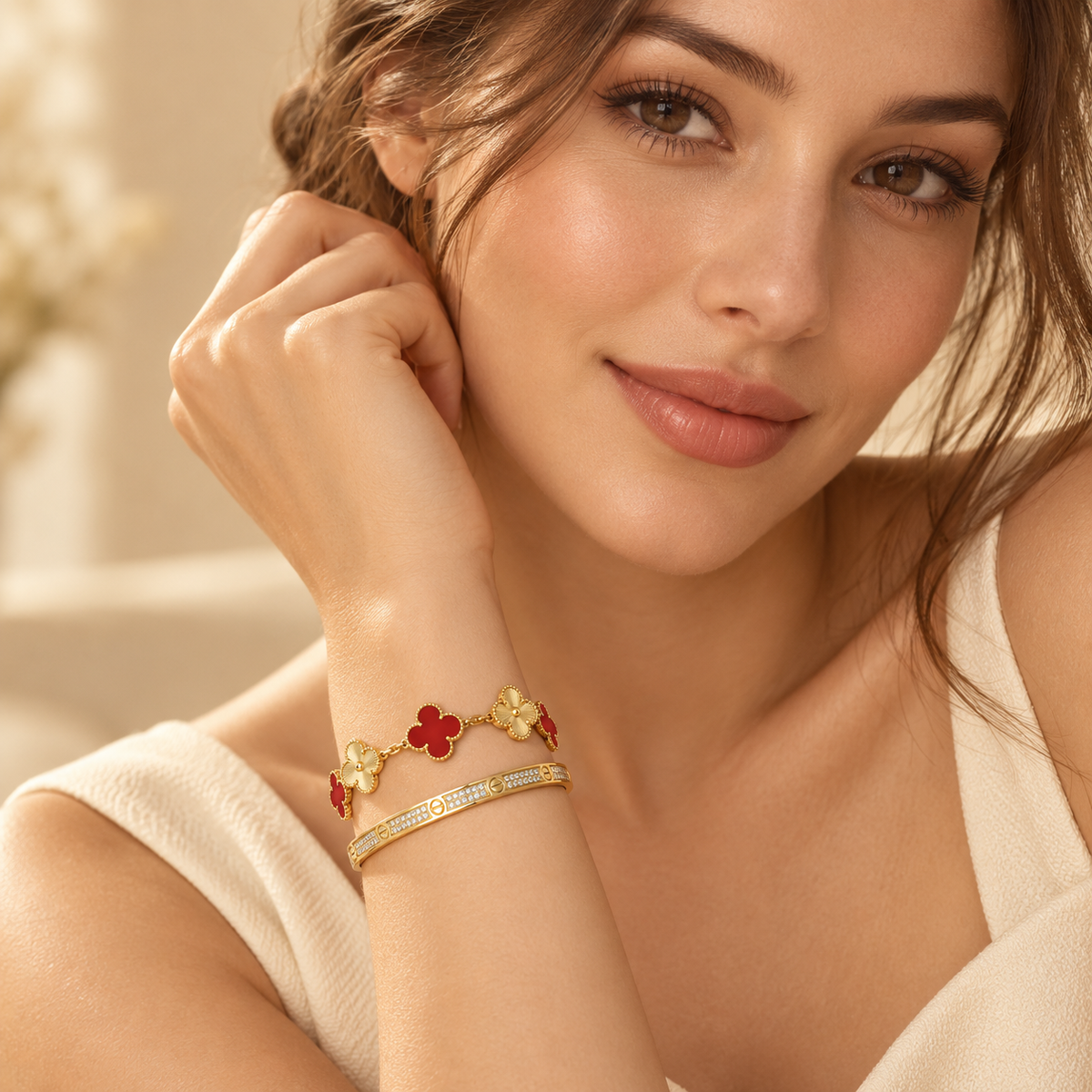 [Angela Jewelry]Clover & Love Diamond-Paved Radiant Line 2-Piece Bracelet Stack Set