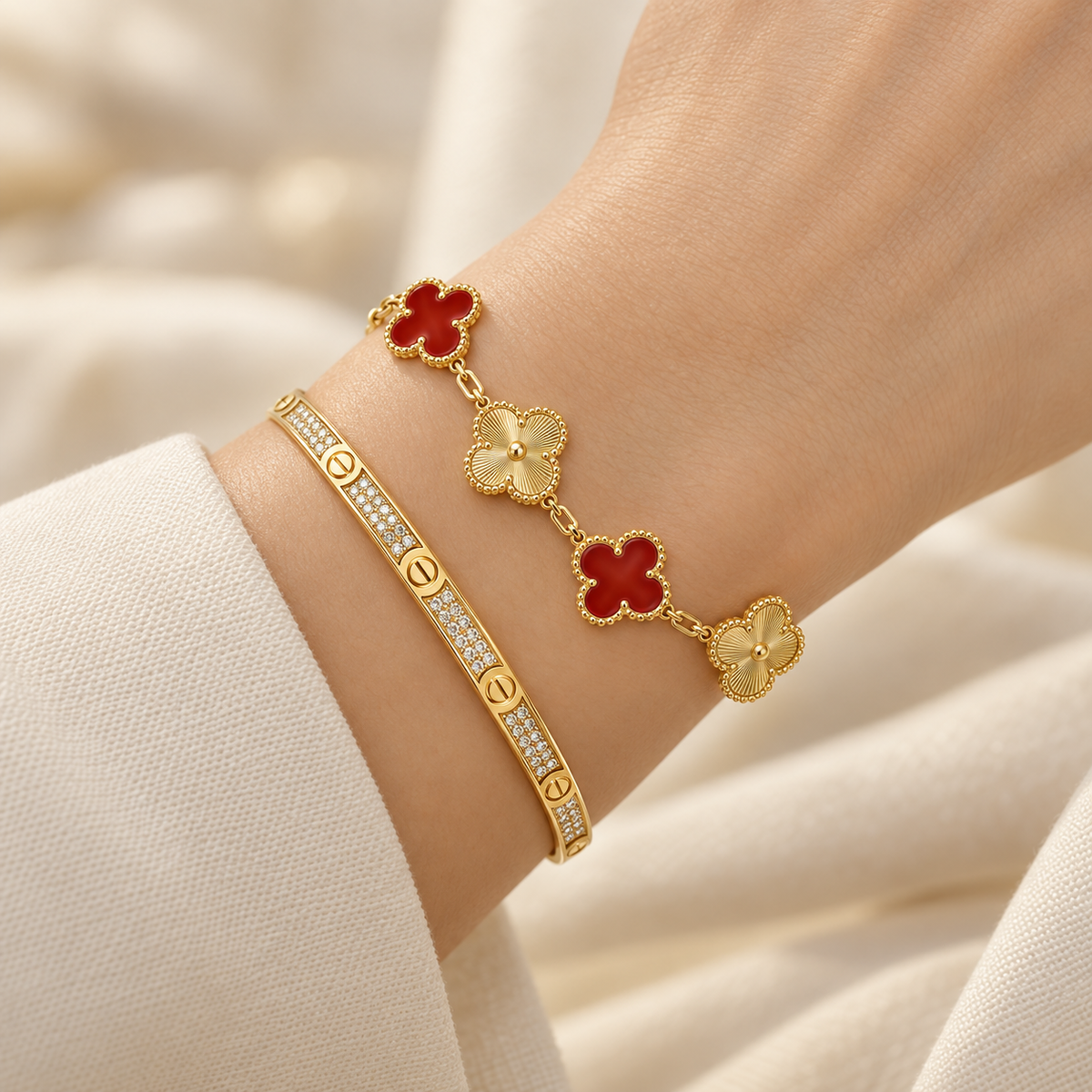 [Angela Jewelry]Clover & Love Diamond-Paved Radiant Line 2-Piece Bracelet Stack Set