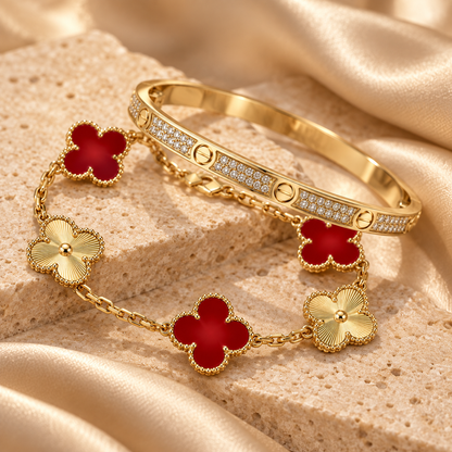 [Angela Jewelry]Clover & Love Diamond-Paved Radiant Line 2-Piece Bracelet Stack Set