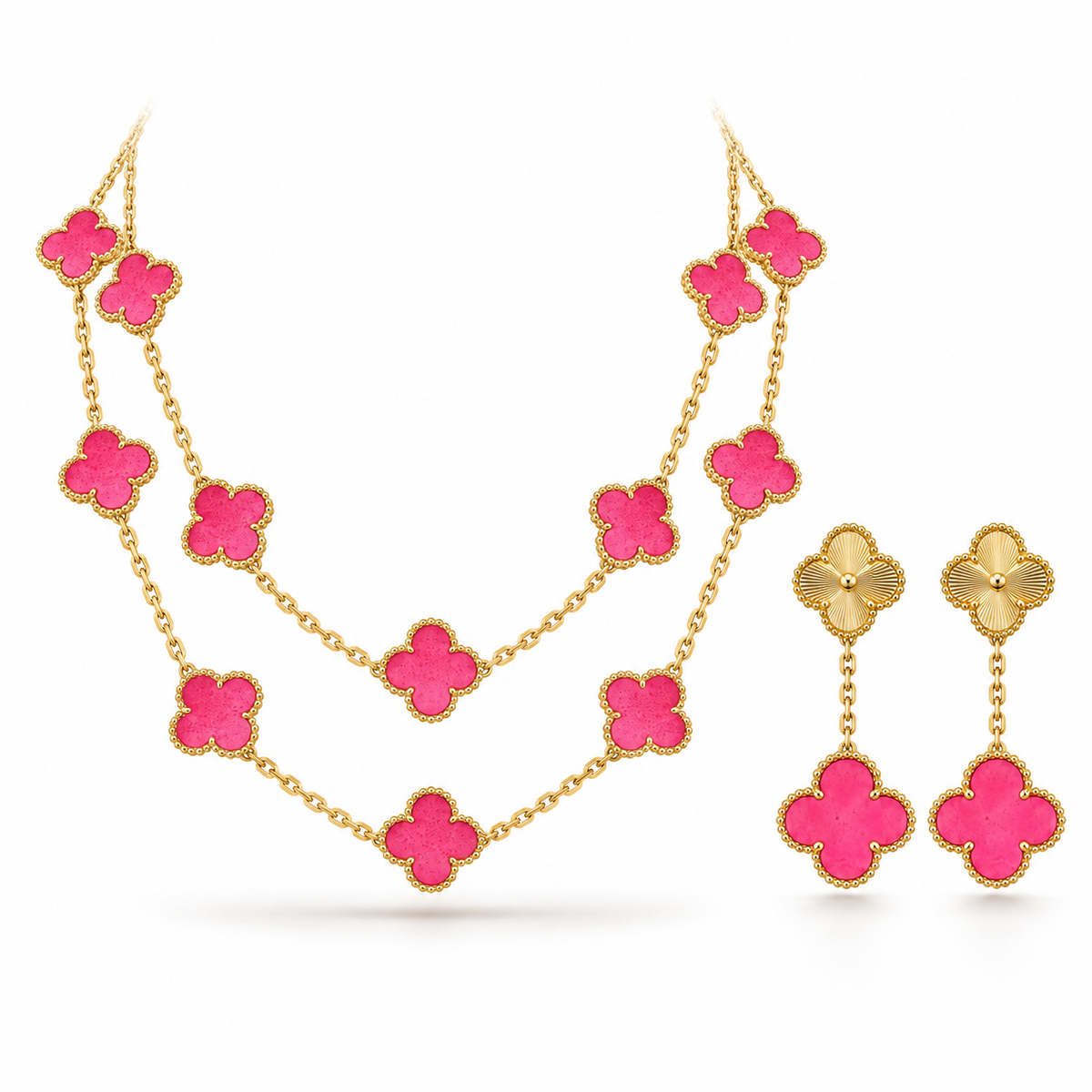 [Angela Jewelry]Clover Pink Enamel Necklace & Earring Jewelry Set