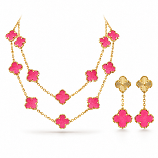 [Angela Jewelry]Clover Pink Enamel Necklace & Earring Jewelry Set