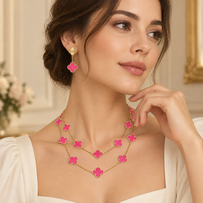 [Angela Jewelry]Clover Pink Enamel Necklace & Earring Jewelry Set