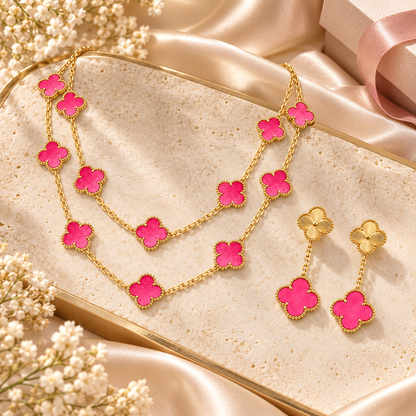 [Angela Jewelry]Clover Pink Enamel Necklace & Earring Jewelry Set