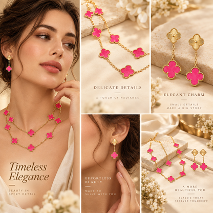 [Angela Jewelry]Clover Pink Enamel Necklace & Earring Jewelry Set