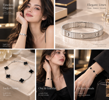 [Angela Jewelry]Clover & Love Sliver 2-Piece Bracelet Stack Set