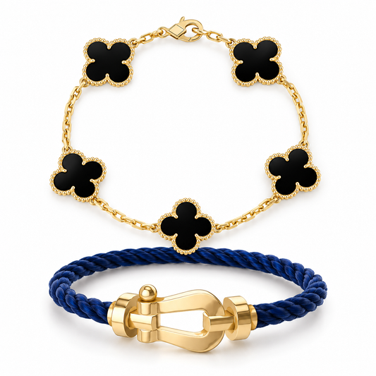 [Angela Jewelry]Force Horseshoe & Clover 5 Motifs Bracelet Stack Set