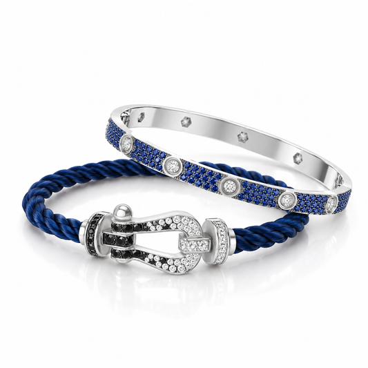 [Angela Jewelry]Pave Gemstone Love &Force Large Horseshoe Diamond Duo Bracelet Stack Set