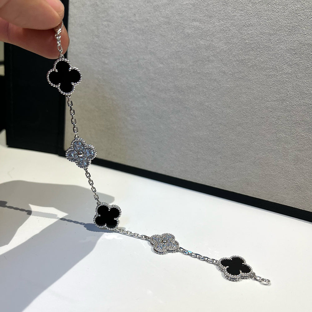 [Angela Jewellery]CLOVER 5 MOTIF ONYXS DIAMOND BRACELET SILVER