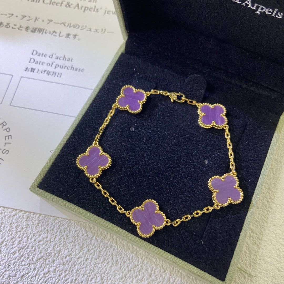 [アンジェラジュエリー]クローバー5モチーフ パープルバイオレットブレスレット