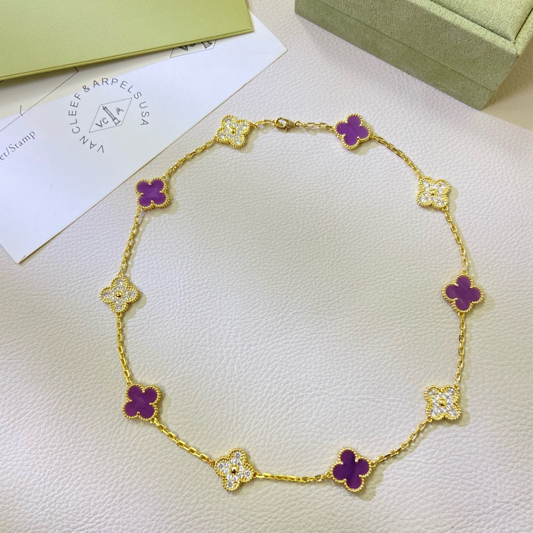[アンジェラジュエリー]クローバー 10モチーフ パープルバイオレットダイヤモンドネックレス