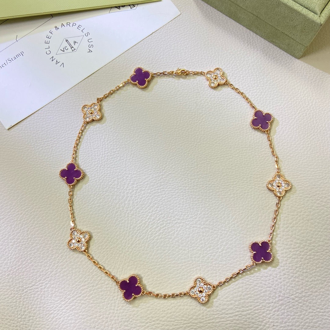 [アンジェラジュエリー]クローバー 10モチーフ パープルバイオレットダイヤモンドネックレス