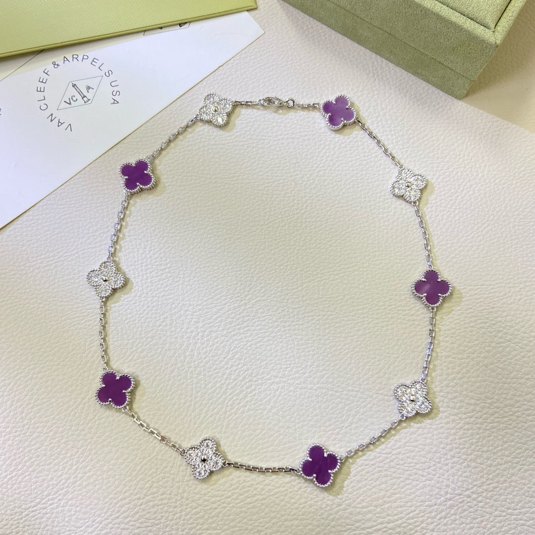 [アンジェラジュエリー]クローバー 10モチーフ パープルバイオレットダイヤモンドネックレス