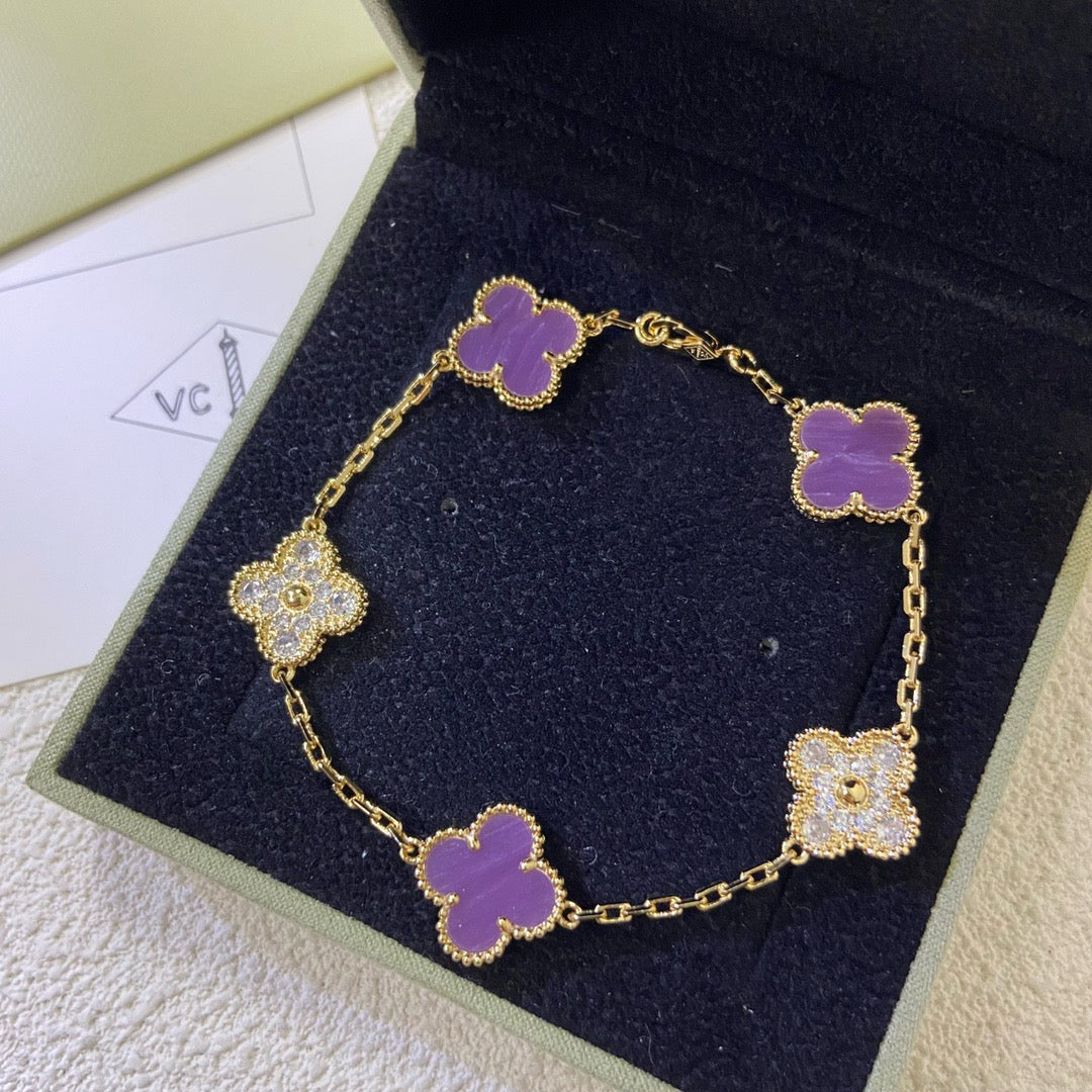 [アンジェラジュエリー]クローバー 5モチーフ パープルバイオレット ダイヤモンドブレスレット