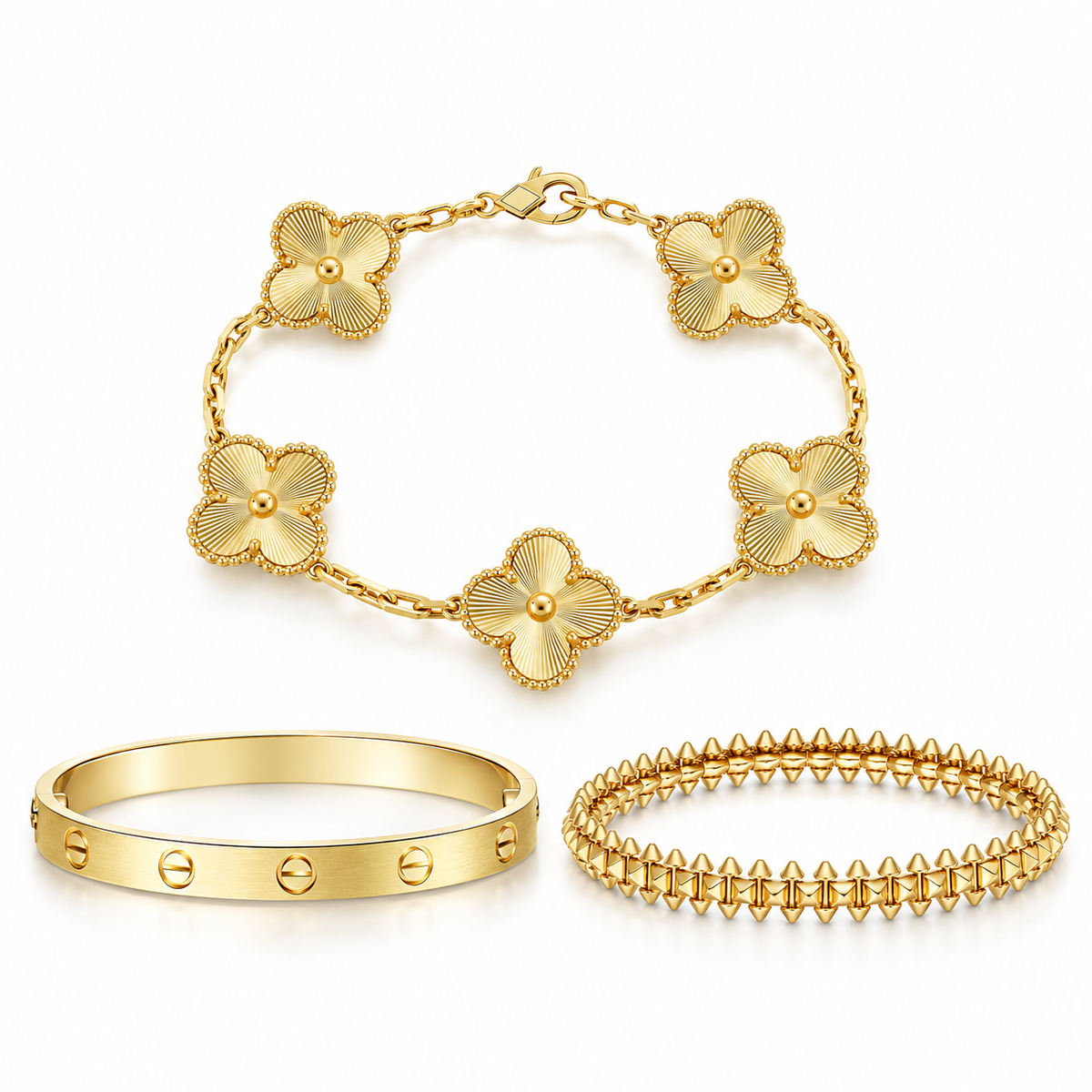 [Angela Jewelry] CLASH & Clover Laser 5-Motif & LOVE Brushed Bracelet Stack Set
