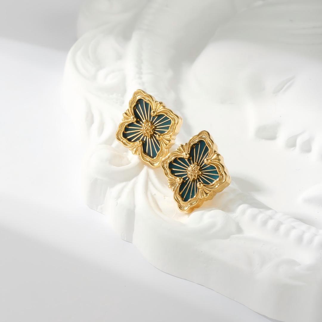 [Angela Jewelry]OPERA TULLE GOLD BUTTON EARRINGS ENAMELED ELEMENT