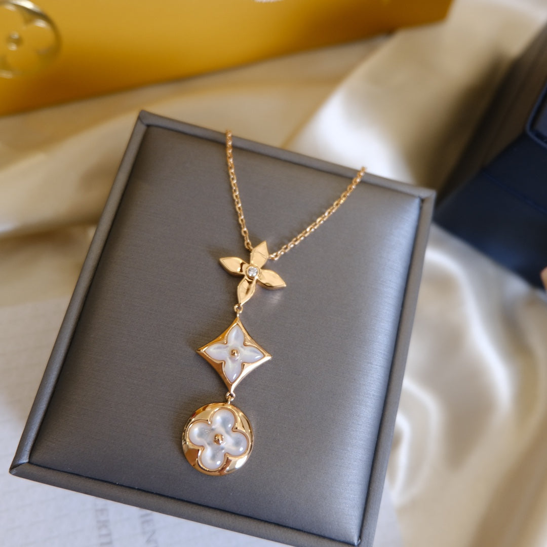[Angela Jewellery]COLOR BLOSSOM LARIAT NECKLACE PINK GOLD WHITE MOTHER PEARL AND DIAMOND