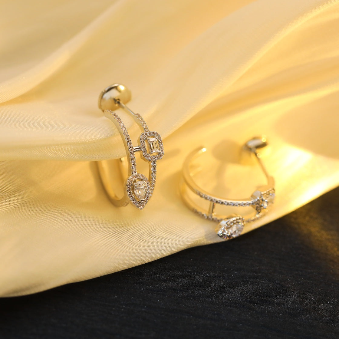 [Angela Jewelry]CREOLES MY TWIN 2 RANGS SILVER DIAMOND EARRINGS