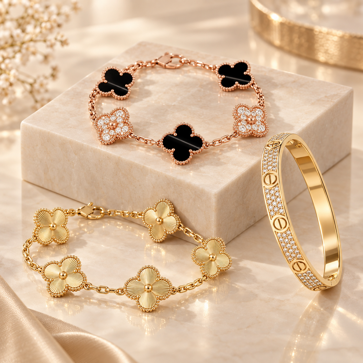 [Angela Jewelry]Clover Laser  Pulsar Stone 5-Motif & LOVE Diamond-Paved Bracelet Stack Set