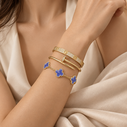 [Angela Jewelry] LOVE & JUSTE & Blue Veins Clover 5-Motif Diamond Bracelet Stack Set