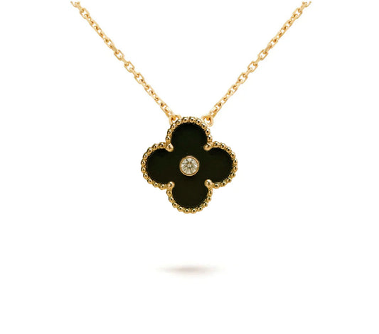[Angela Jewelry]CLOVER 15MM DIAMOND ONYX NECKLACE