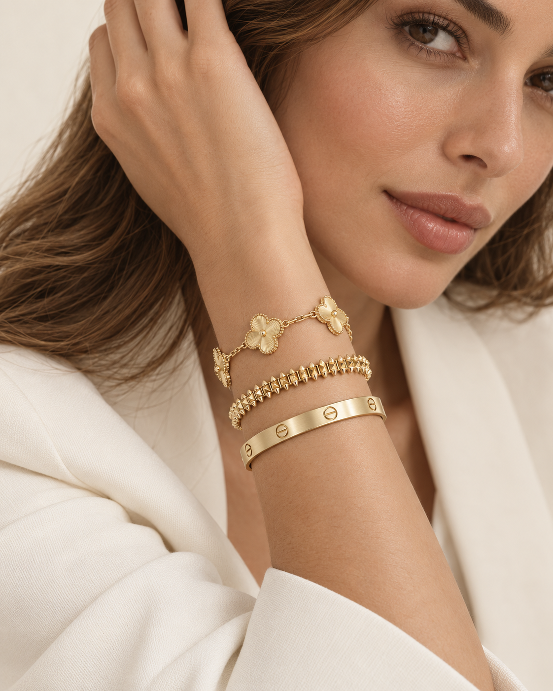 [Angela Jewelry] CLASH & Clover Laser 5-Motif & LOVE Brushed Bracelet Stack Set
