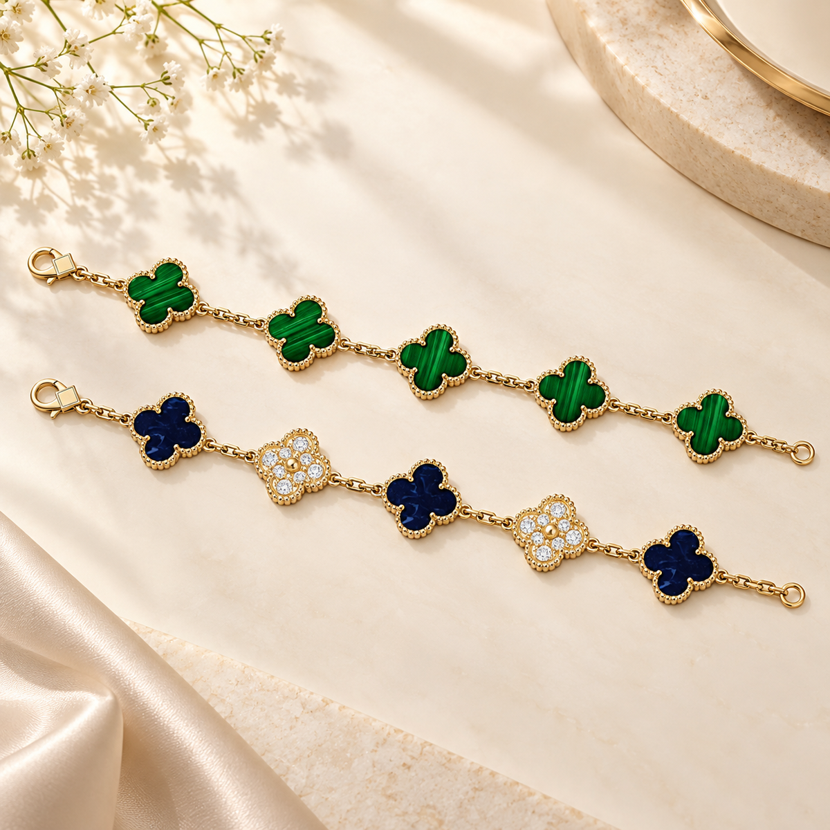 [Angela Jewelry]Clover 5-Motif Malachite & Pietersite Bracelet Stack Set
