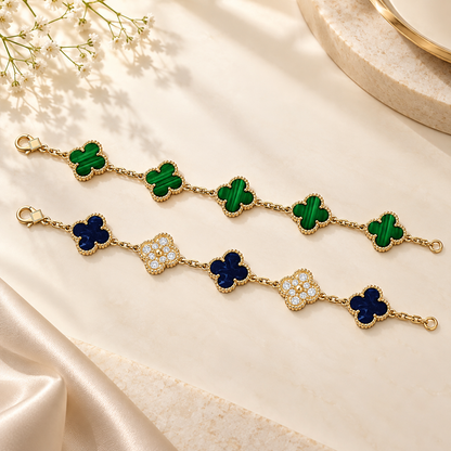 [Angela Jewelry]Clover 5-Motif Malachite & Pietersite Bracelet Stack Set