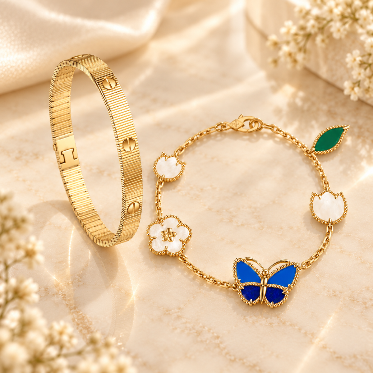 [Angela Jewelry] Lucky Spring Butterfly 5-Motif & LOVE Unlimited Bracelet Stack Set