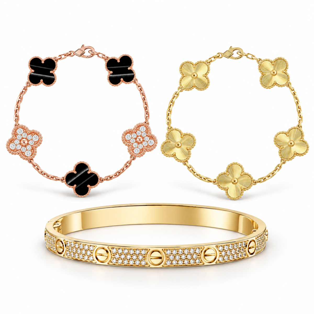 [Angela Jewelry]Clover Laser  Pulsar Stone 5-Motif & LOVE Diamond-Paved Bracelet Stack Set