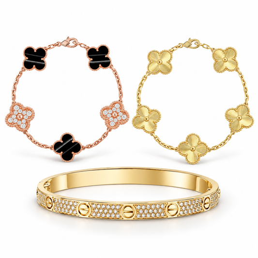 [Angela Jewelry]Clover Laser  Pulsar Stone 5-Motif & LOVE Diamond-Paved Bracelet Stack Set