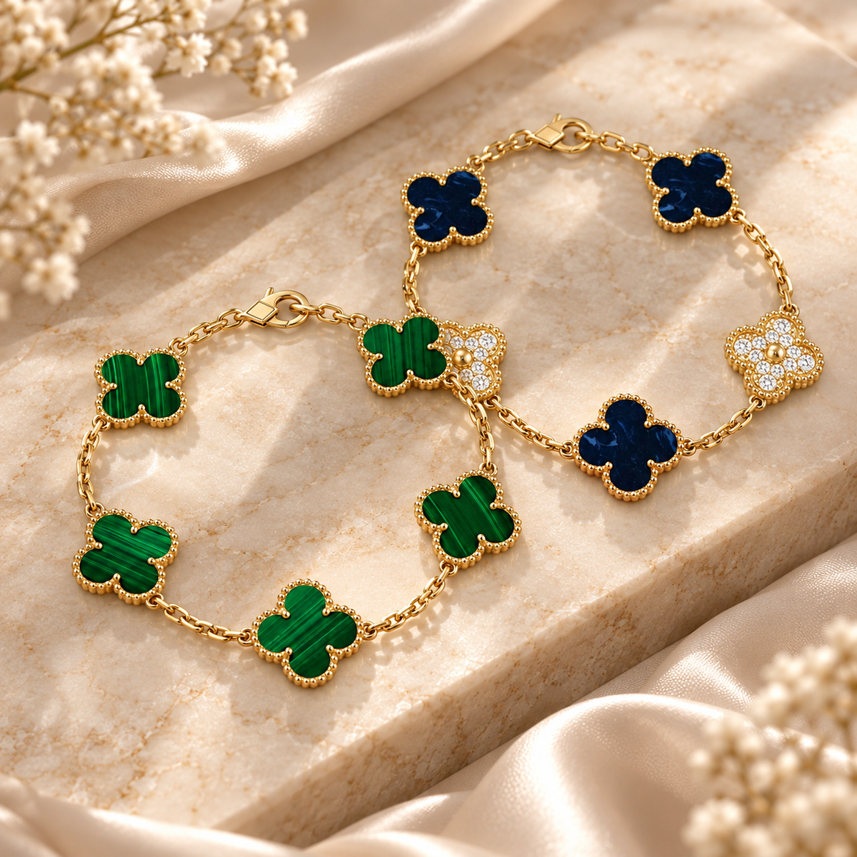 [Angela Jewelry]Clover 5-Motif Malachite & Pietersite Bracelet Stack Set