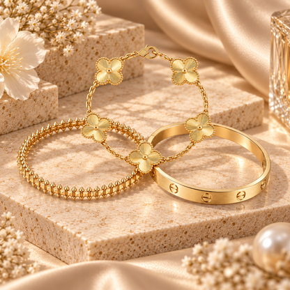[Angela Jewelry] CLASH & Clover Laser 5-Motif & LOVE Brushed Bracelet Stack Set