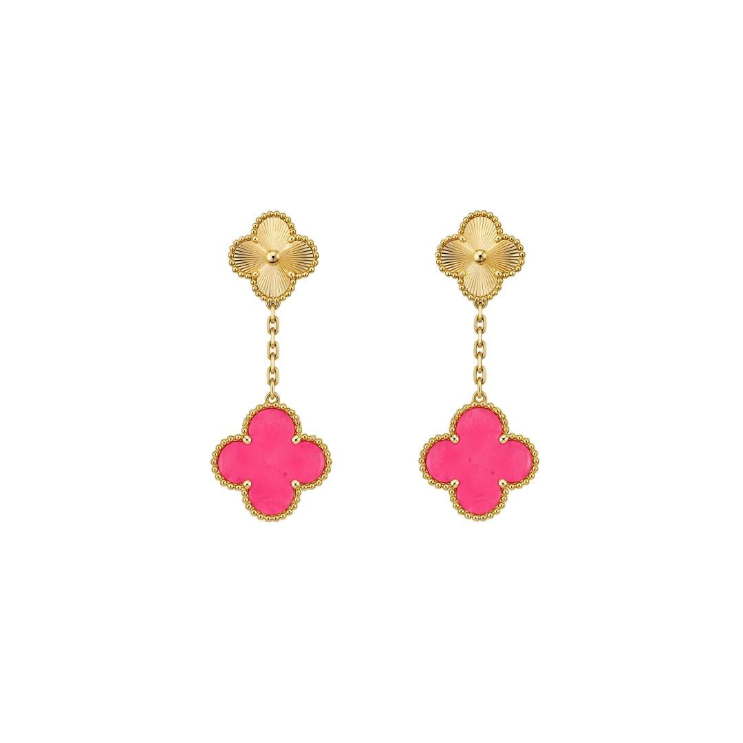 [Angela Jewelry]Clover Pink Enamel Necklace & Earring Jewelry Set
