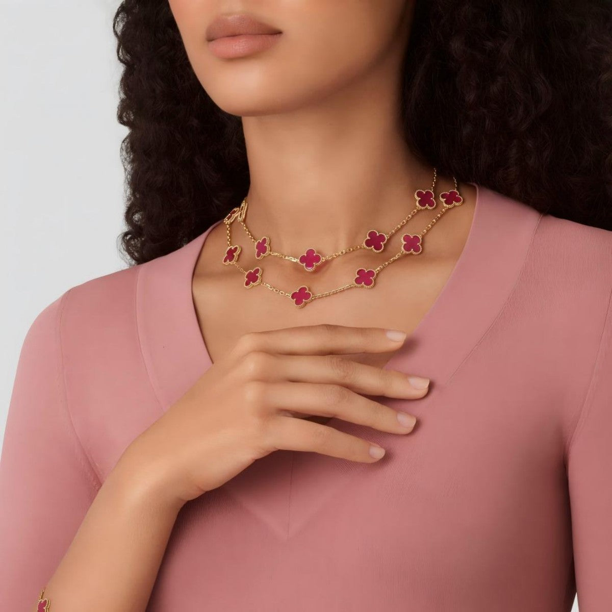 [Angela Jewelry] NEW CLOVER 20 MOTIFS PINK ENAMEL NECKLACE