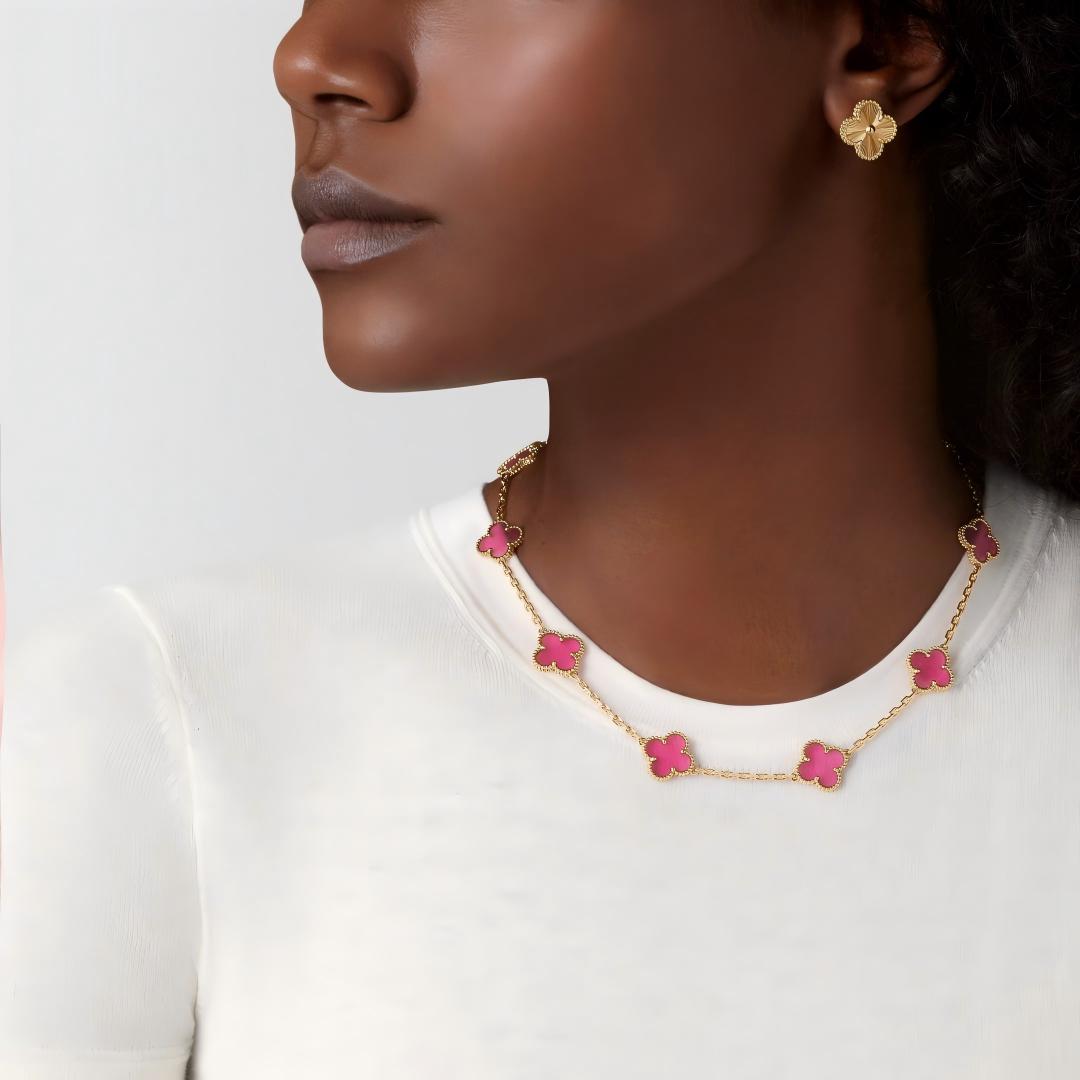 [Angela Jewelry]NEW CLOVER 10 MOTIFS PINK ENAMEL NECKLACE