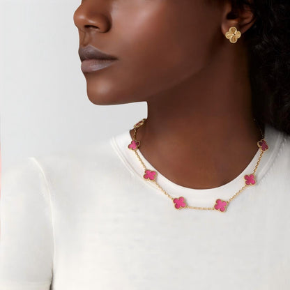 [Angela Jewelry]NEW CLOVER 10 MOTIFS PINK ENAMEL NECKLACE