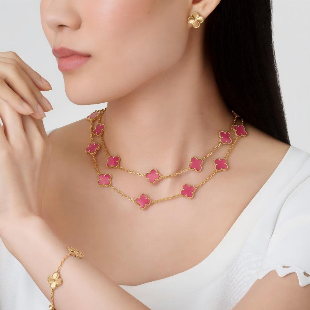 [Angela Jewelry] NEW CLOVER 20 MOTIFS PINK ENAMEL NECKLACE
