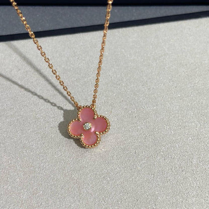 [Angela Jewelry]CLOVER 15MM DIAMOND PINK MOP NECKLACE