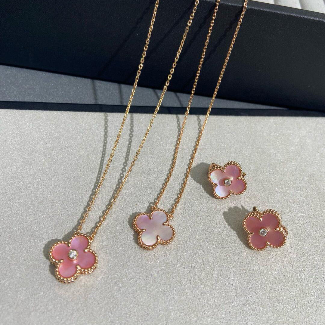 [Angela Jewelry]CLOVER 15MM DIAMOND PINK MOP NECKLACE