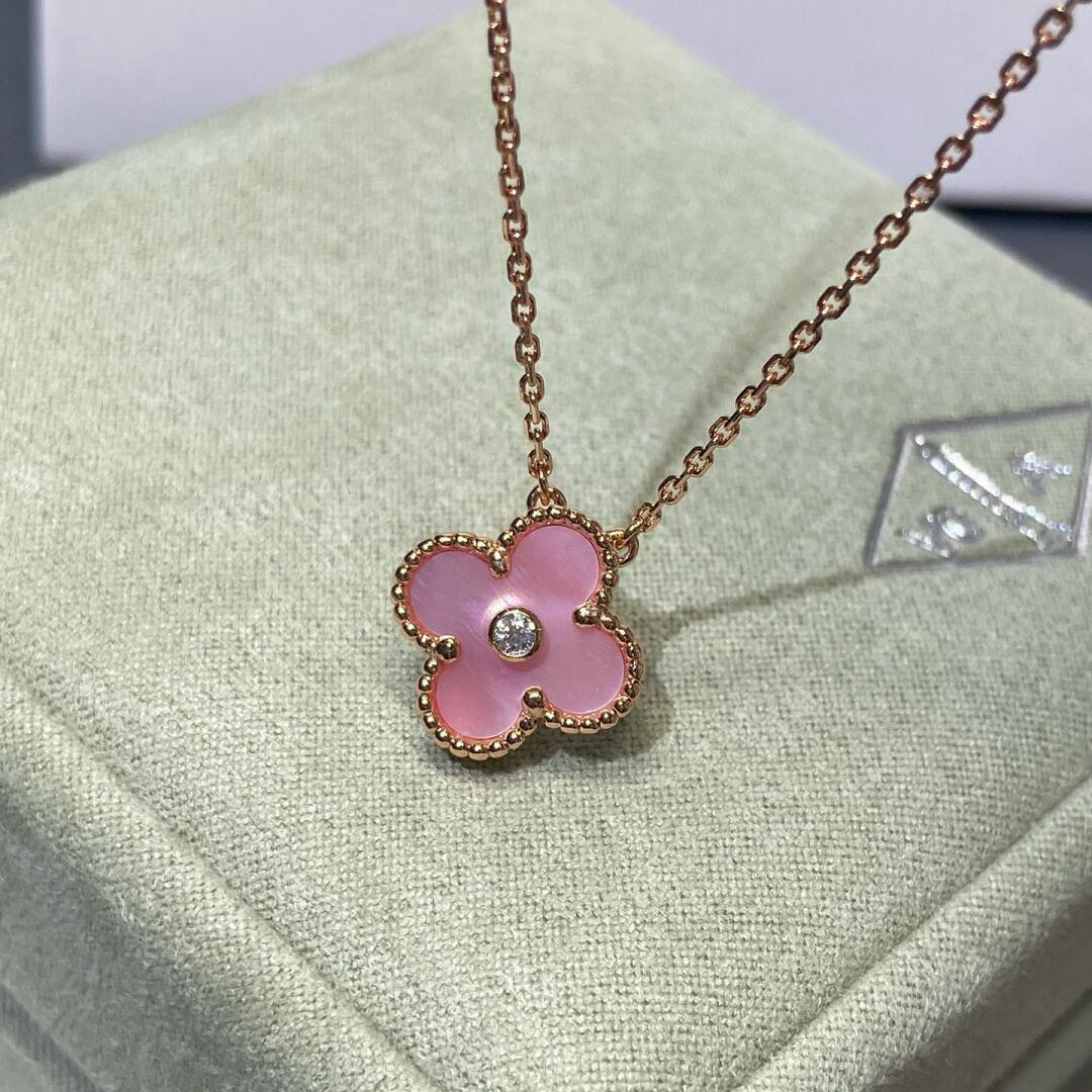 [Angela Jewelry]CLOVER 15MM DIAMOND PINK MOP NECKLACE