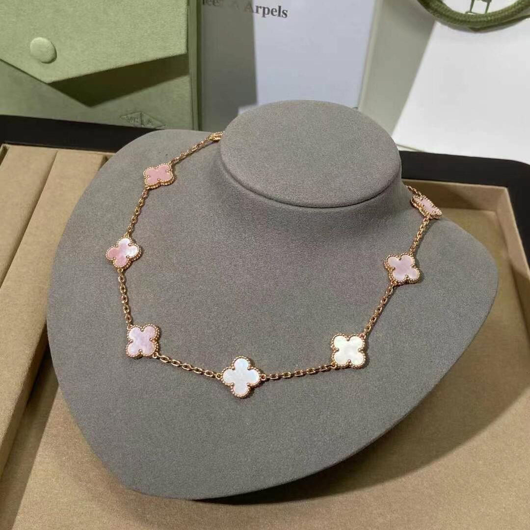 [Angela Jewelry]CLOVER 10 MOTIFS PINK MOP NECKLACE