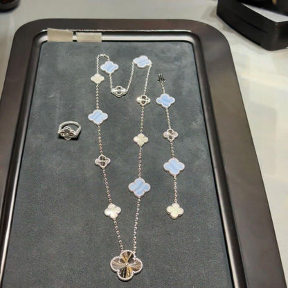 [Angela Jewelry]DETACHABLE CLOVER 15(11+4) FLOWER SILVER NECKLACE SET