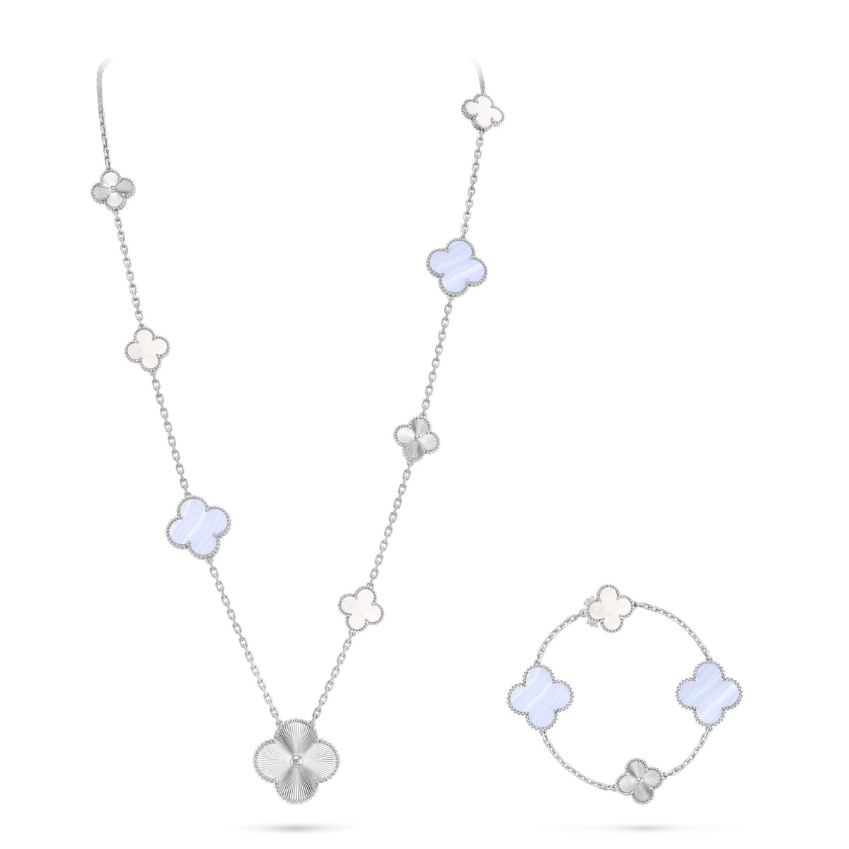 [Angela Jewelry]DETACHABLE CLOVER 15(11+4) FLOWER SILVER NECKLACE SET