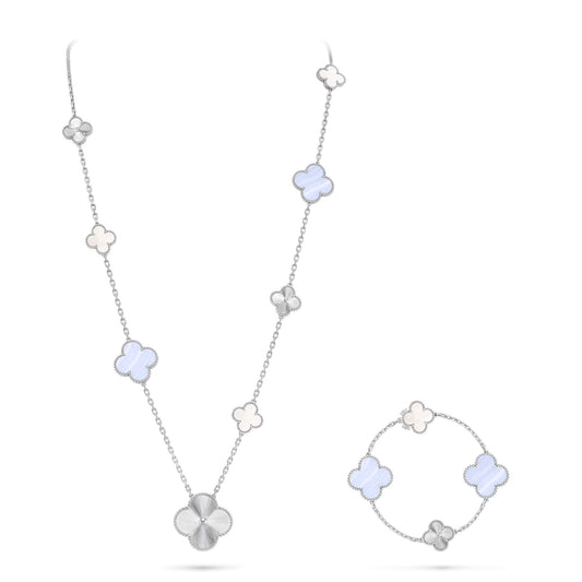 [Angela Jewelry]DETACHABLE CLOVER 15(11+4) FLOWER SILVER NECKLACE SET